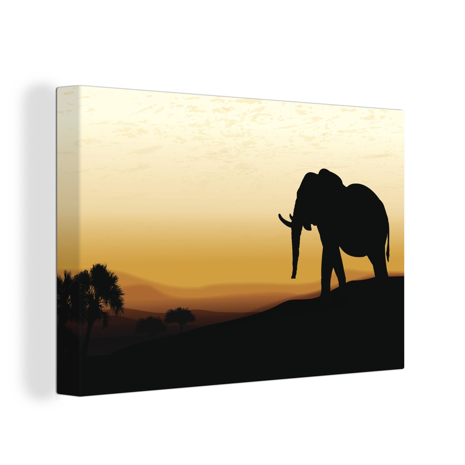afrikanischen Leinwandbild Sonnenuntergang, Leinwandbilder, Wanddeko, (1 Elefanten eines Illustration Eine bei Wandbild Aufhängefertig, 30x20 St), OneMillionCanvasses® cm