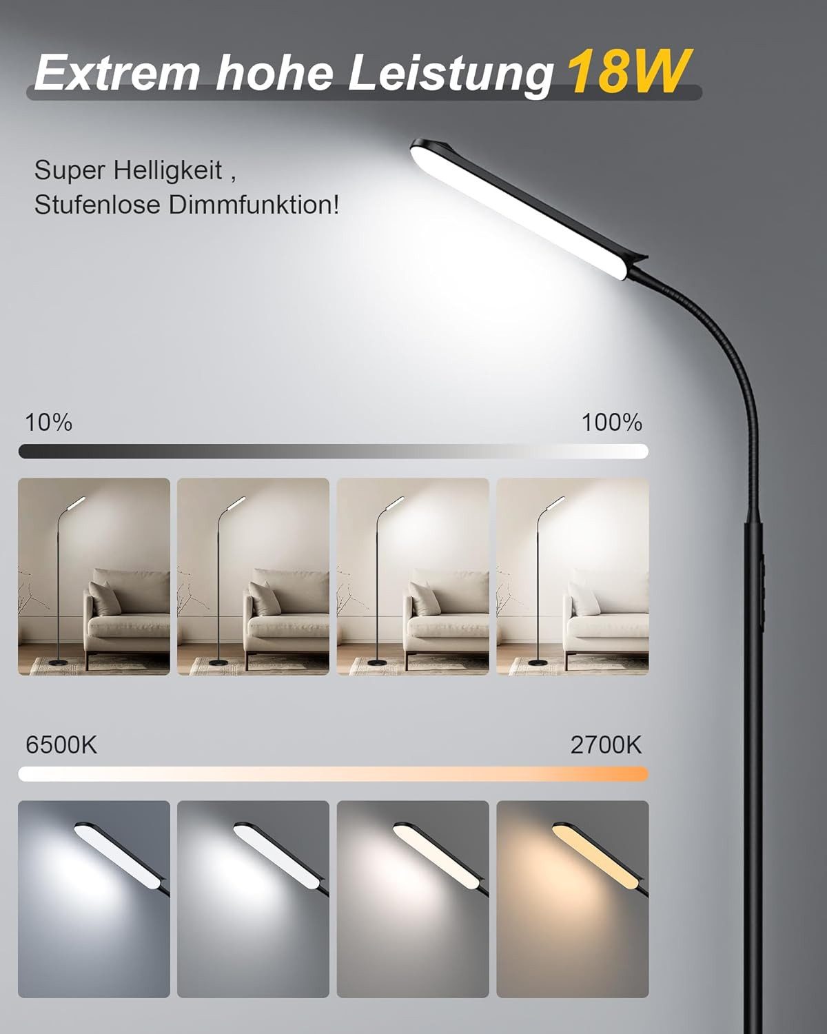 Lujasi LED Stehlampe 18W Dimmbar Stehleuchte 2000LM mit Fernbedienung, lineare Leuchtdichte, Unendliche Farbtemperatur, Leselampe, Stehlampe Wohnzimmer, deckenfluter, Kaltweiß/natürliches Licht/Warmweiß, 360° Flexibler Schwanenhals, 1 Hour Timer, floor lamp für Schlafzimmer