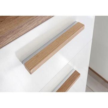 Lomadox Hochschrank MALANJE-66 Badezimmer in weiß glänzend & Riviera Eiche quer Nb. - 35,5/205/33cm