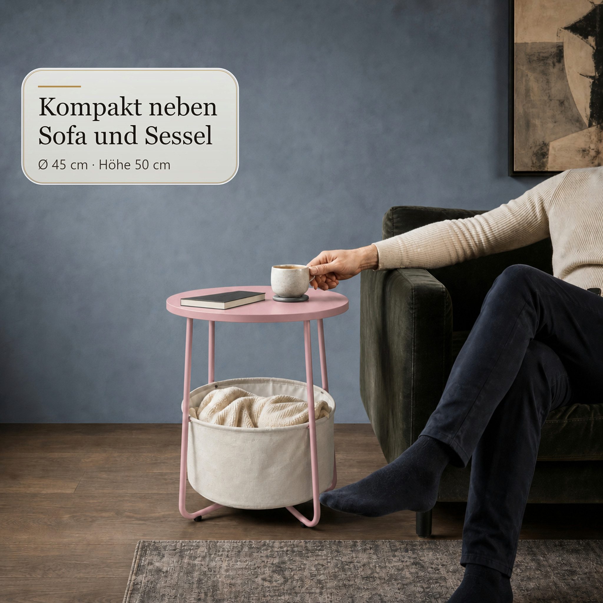 Floordirekt Beistelltisch Luca runder Sofatisch mit Stoffkorb Stauraum 45 cm 4 Farben, 2-in-1-Design – Bild 2 von 5