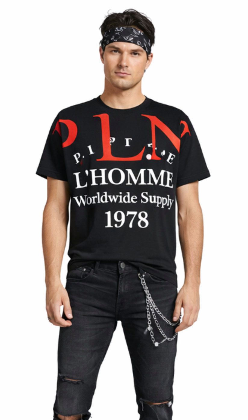 PHILIPP PLEIN T-Shirt Herren Gold Cut P.L.N. Worldwide Supply Shirt geripptem Kragen, ikonischer Schriftzug, Doppelt genähte Säume