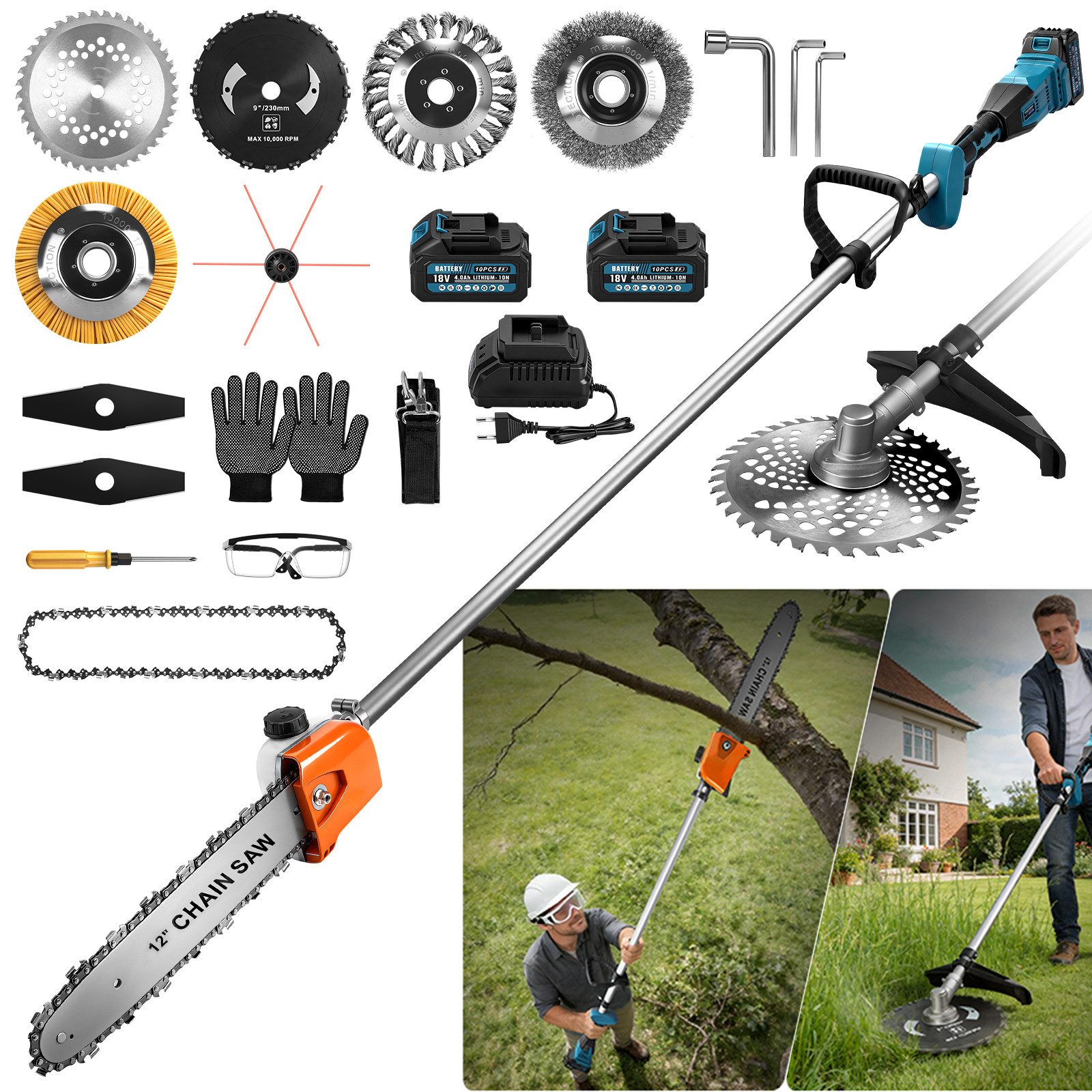 XERSEK Akku-Hochentaster 1380W Hochentaster & Rasentrimmer, Kettensäge Motorsäge Max.192cm, (Einstellbarer Winkel, 8-in-1-Funktion), 18800rpm, 8-in-1 Astschere für Äste Rasen schneiden/Boden Reinigen