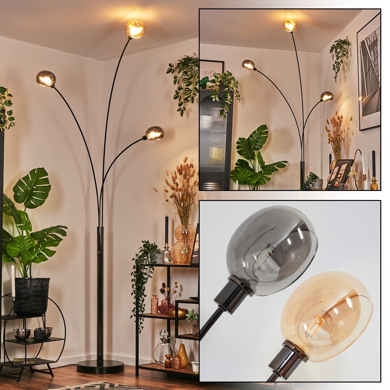 hofstein Stehlampe Stehlampe aus Metall in Schwarz/Chrom/Bernstein/Rauch im günstig online kaufen