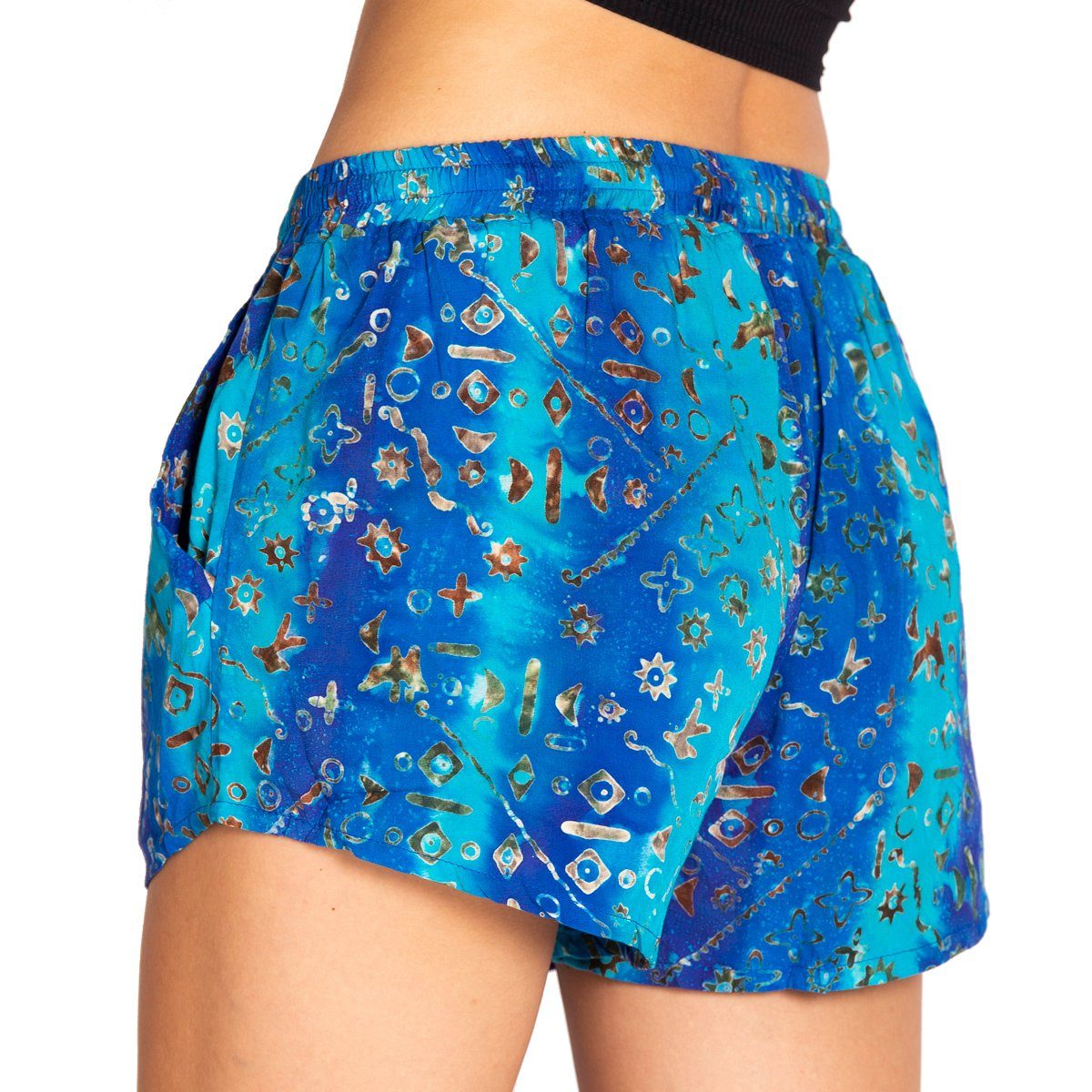 farbecht PANASIAM Meditation kurze zu Wachsbatik und Damen B115 Tragen Sporthose Yoga Shorts Strandshorts oder Damenshorts Relaxshorts angenehm für blue Strand