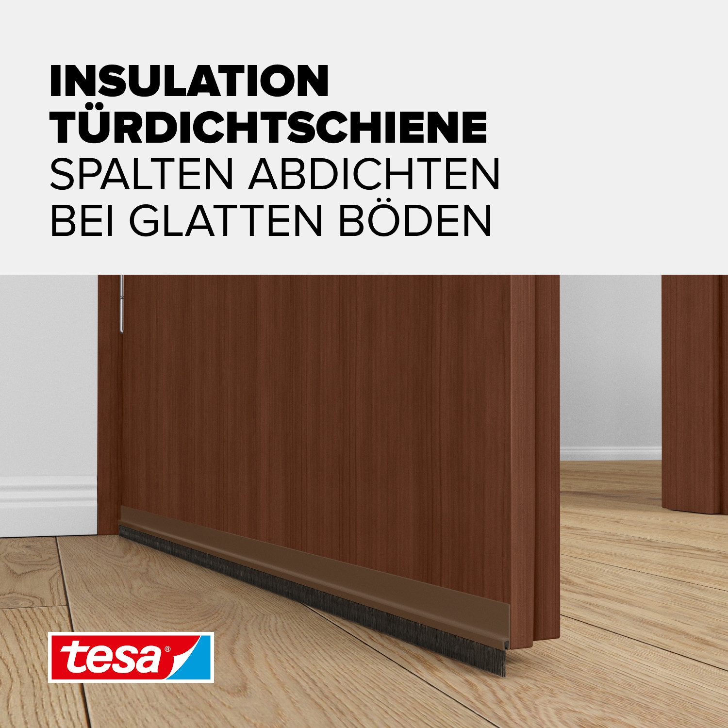 tesa Türbodendichtung INSULATION Türdichtschiene für glatte Böden, (Packung, 1-St., Türdichtschiene braun- mit Bürstendichtung bis 12 mm), Selbstklebende Türdichtung zum Schutz vor Zugluft