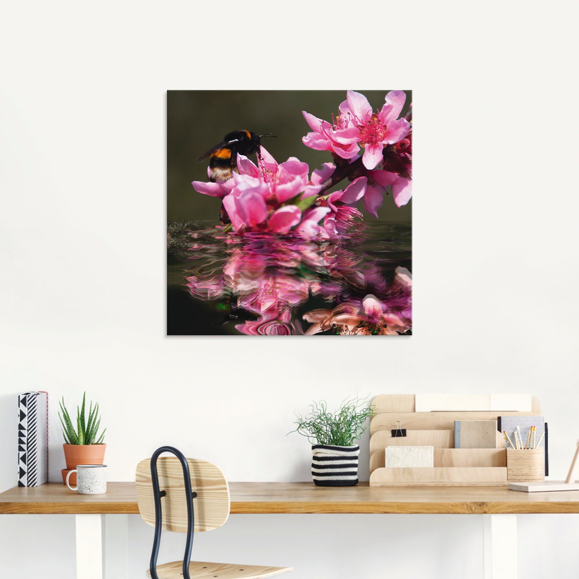 Artland Glasbild Pfirsichblüte mit Hummel, Blumen (1 St), in verschiedenen Größen