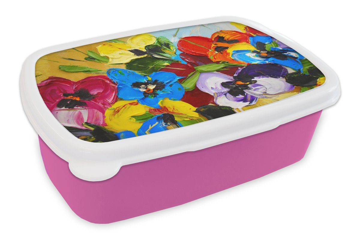 MuchoWow Lunchbox Ölfarbe - Malerei - Blumen, Kunststoff, (2-tlg), Brotbox für Erwachsene, Brotdose Kinder, Snackbox, Mädchen, Kunststoff rosa