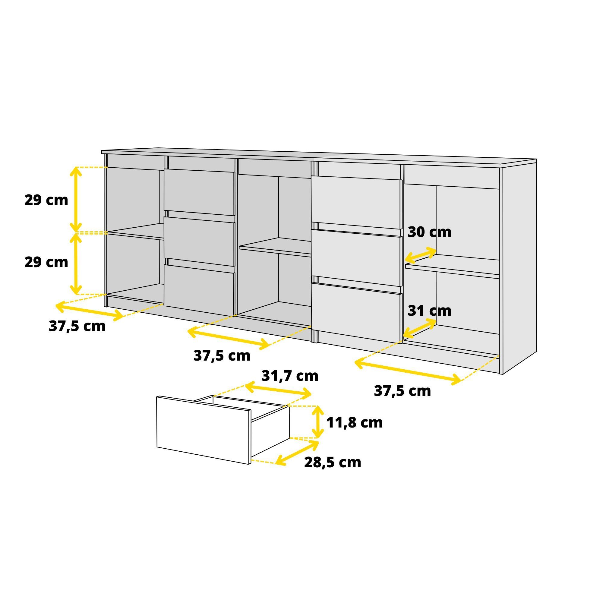 Beton-Optik H75cm B200cm 6 T35cm MIKEL, und Gloss Kommode - 3 Beton-Optik/Schwarz Schubladen Furnica Türen