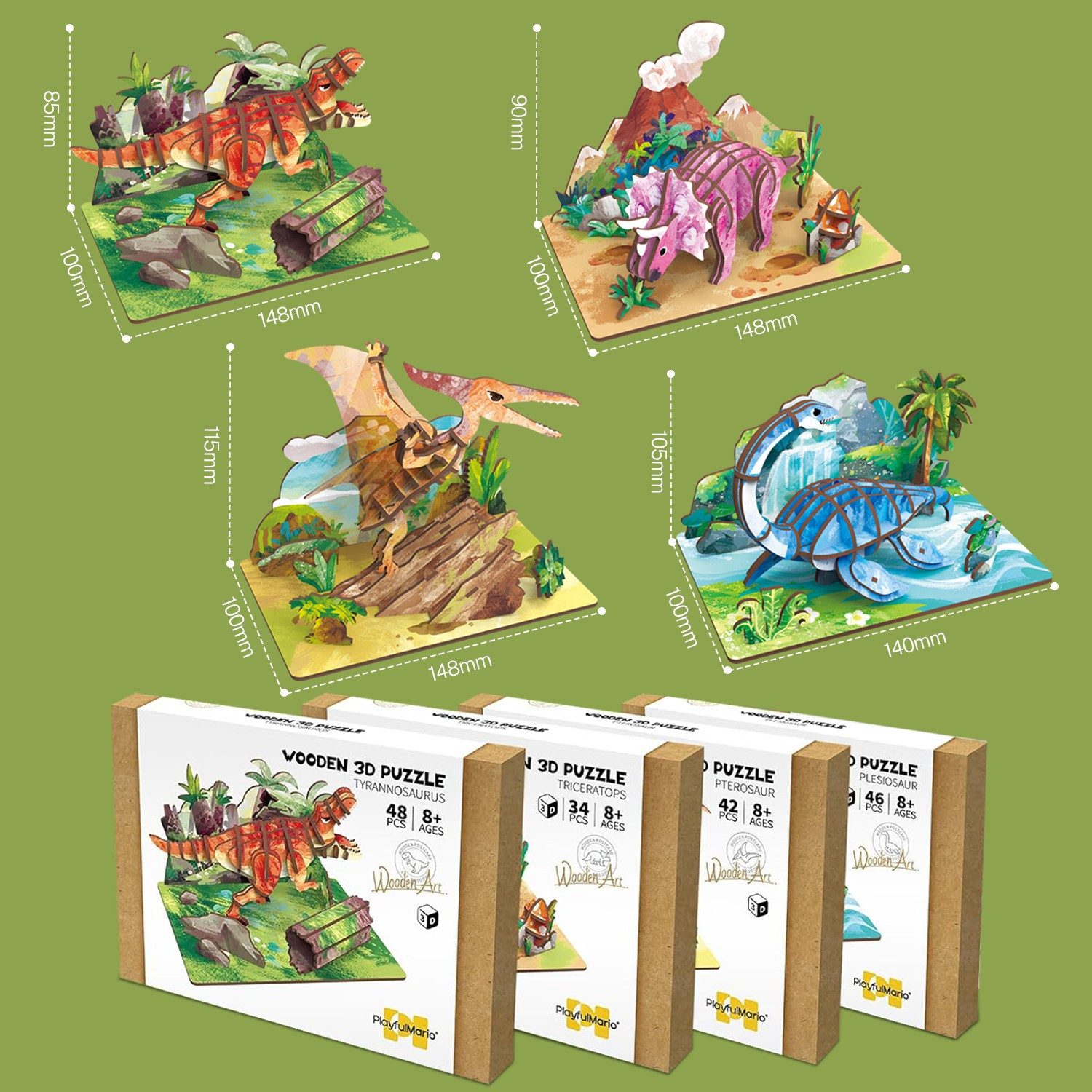 Esun Modellbausatz 3D Puzzle Holz Kinder 4er-Set, Dinosaurier-Spielzeug. Holzpuzzle, (Set, Komplettset), Puppenhäuser Miniatur Haus Kit Bastelset Geschenke