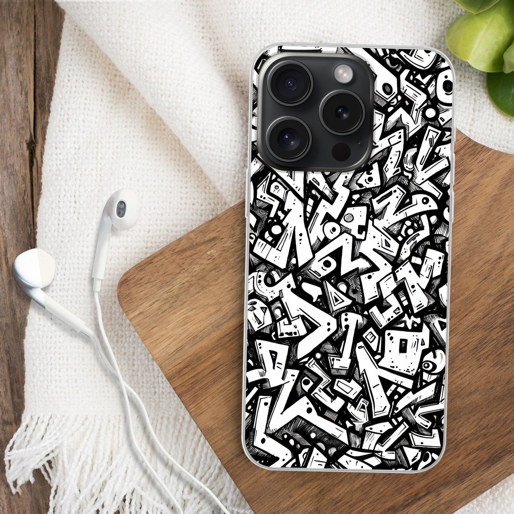 MuchoWow Handyhülle für Apple iPhone 15 Pro Formen - Buchstaben - Graffiti - Schwarz, Smartphone-Bumper, Print, Handy Schutzhülle Dünn