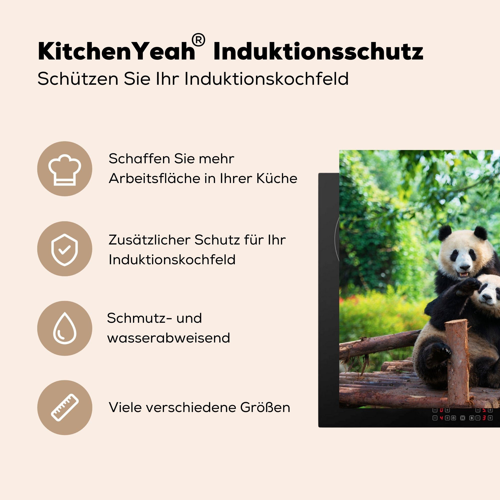 Bären Panda Herdblende-/Abdeckplatte MuchoWow Holz, küche Arbeitsplatte Ceranfeldabdeckung, (1 cm, Vinyl, - für - tlg), 78x78