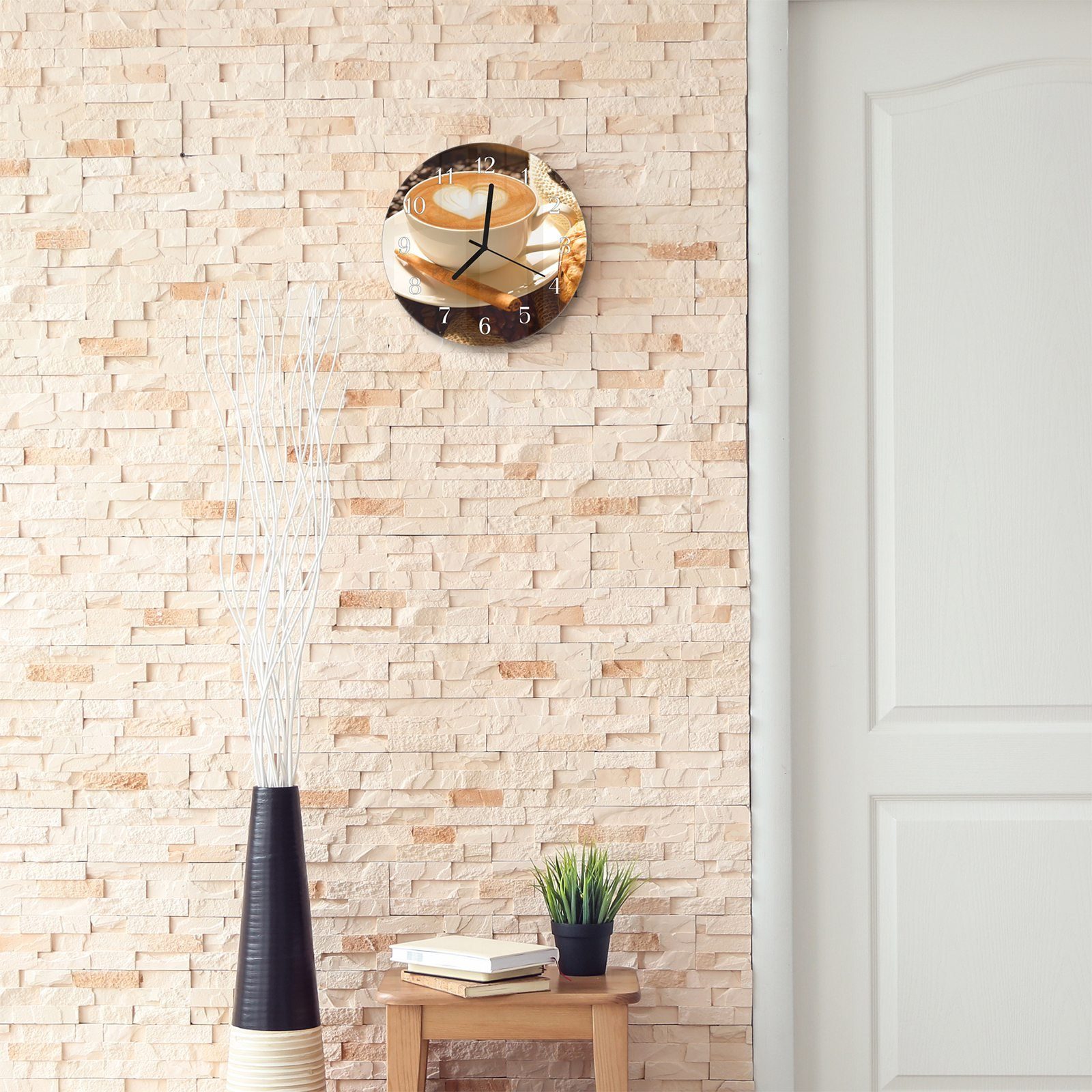 Primedeco Wanduhr Wanduhr aus Glas Rund Kaffeeherz mit cm - und Motiv mit Quarzuhrwerk 30 Durchmesser