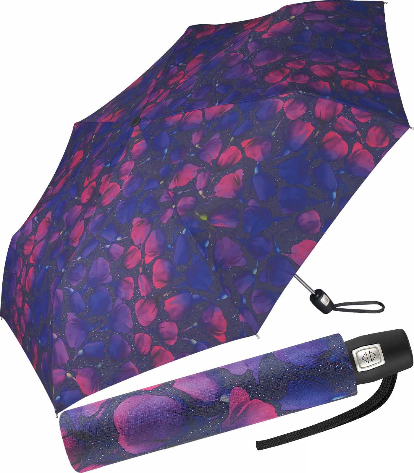 Pierre Cardin Taschenregenschirm schlanker Damen-Taschenschirm mit Auf-Zu-Automatik, mit stilvollem lilafarbenen Blumen-Muster