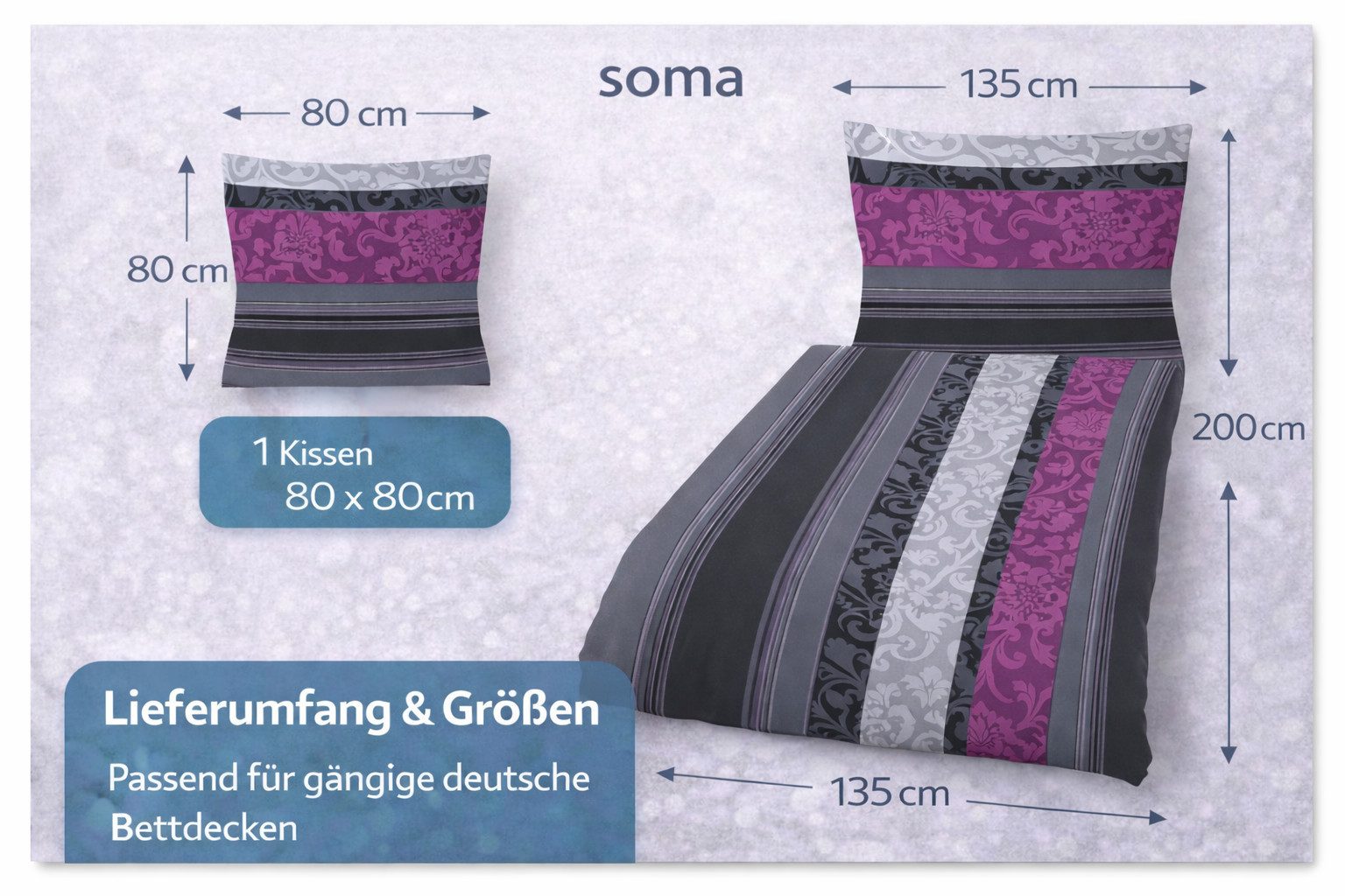 soma Bettwäsche Biber Bettbezug 135x200 cm Grau Beere 2-teilig 100% Baumwolle, Biber, 2 teilig, Weiche Biber-Baumwolle, warm, atmungsaktiv und mit Reißverschlus – Bild 3 von 5