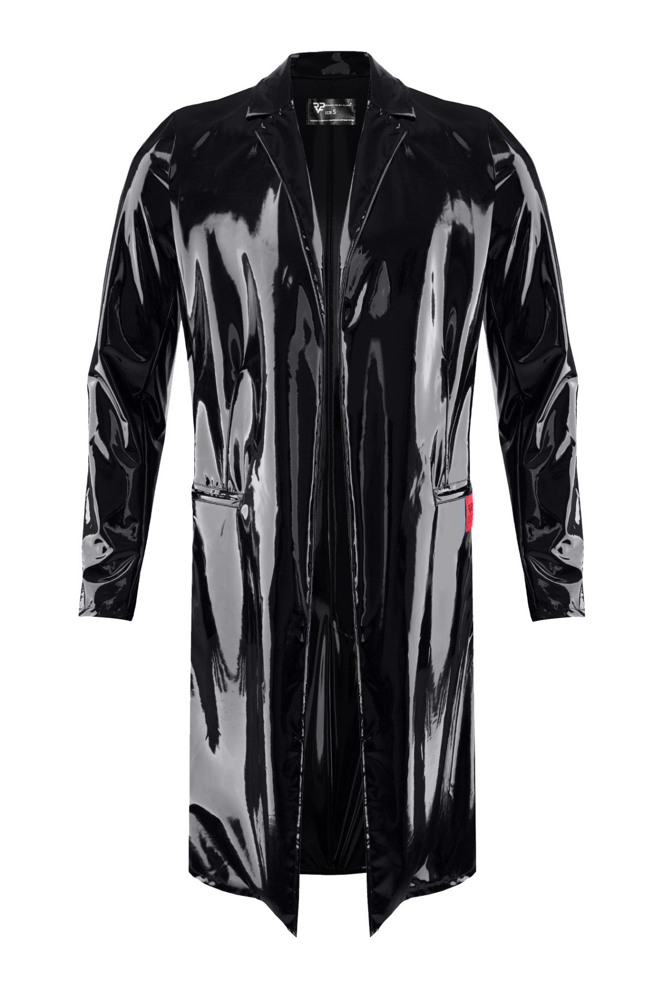 Lederimitatmantel Halblanger schwarzer Herren Lack-Mantel mit Taschen Trenchcoat mit Kra