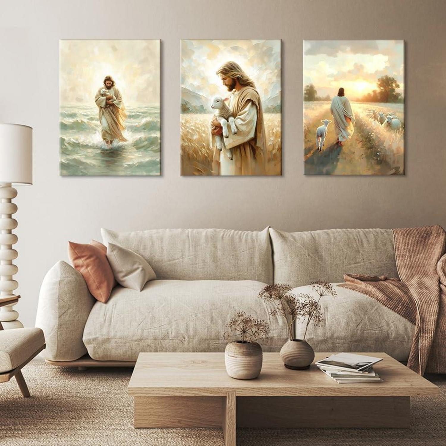 LuxusKollektion Mehrteilige Bilder Leinwandbilder 3 Teilig Jesus Lamm Jesus bewacht das Lamm 30x40cm, (1 St) – Bild 2 von 5