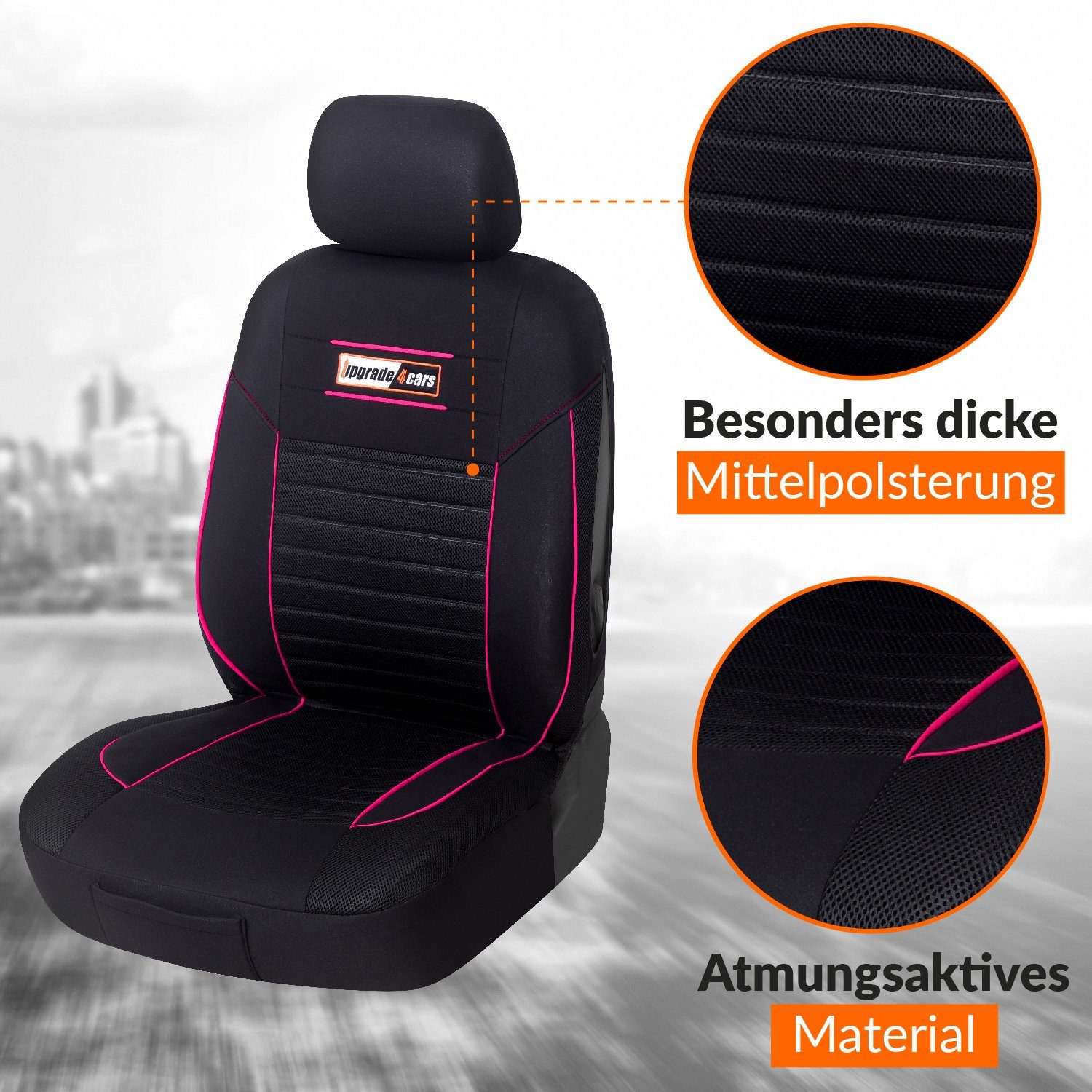 Stilvolles Pink 9-teiliges Upgrade4cars Vordersitzbezüge, Rücksitzbezüge Set, SportsLine, 5 2 Linien-Design Autositzbezug Kopfstützenbezüge, 2 und