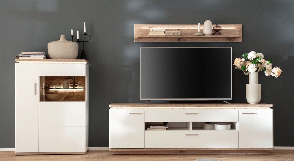 MCA furniture Wohnwand Wohnkombination Palermo 3, Soft white / Viking Oak, 3-teilig, (3-St), Wohnwand weiß, Anbauwand, modern