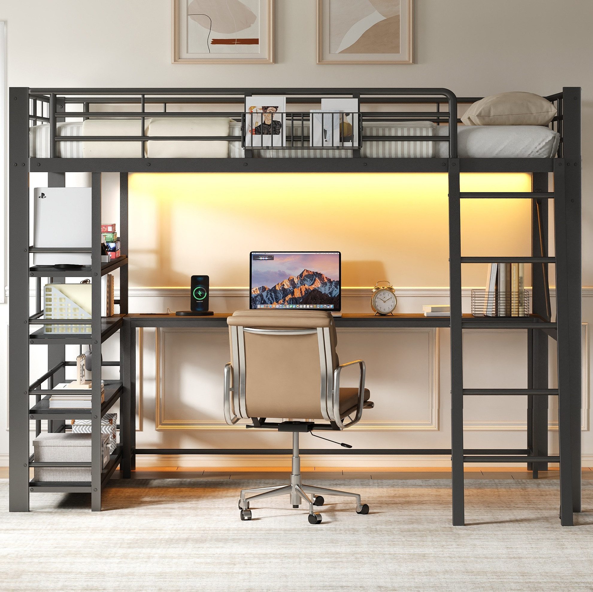 MODFU Hochbett Bett mit integriertem Tisch und praktischer USB Ladefunktion (Packung, 1-St., Erhöhtes Schlafbett mit Körben und flexiblen Staufächern) 140x200 cm Metallbett Aufbau Schwarz mit LED Licht ohne Matratze