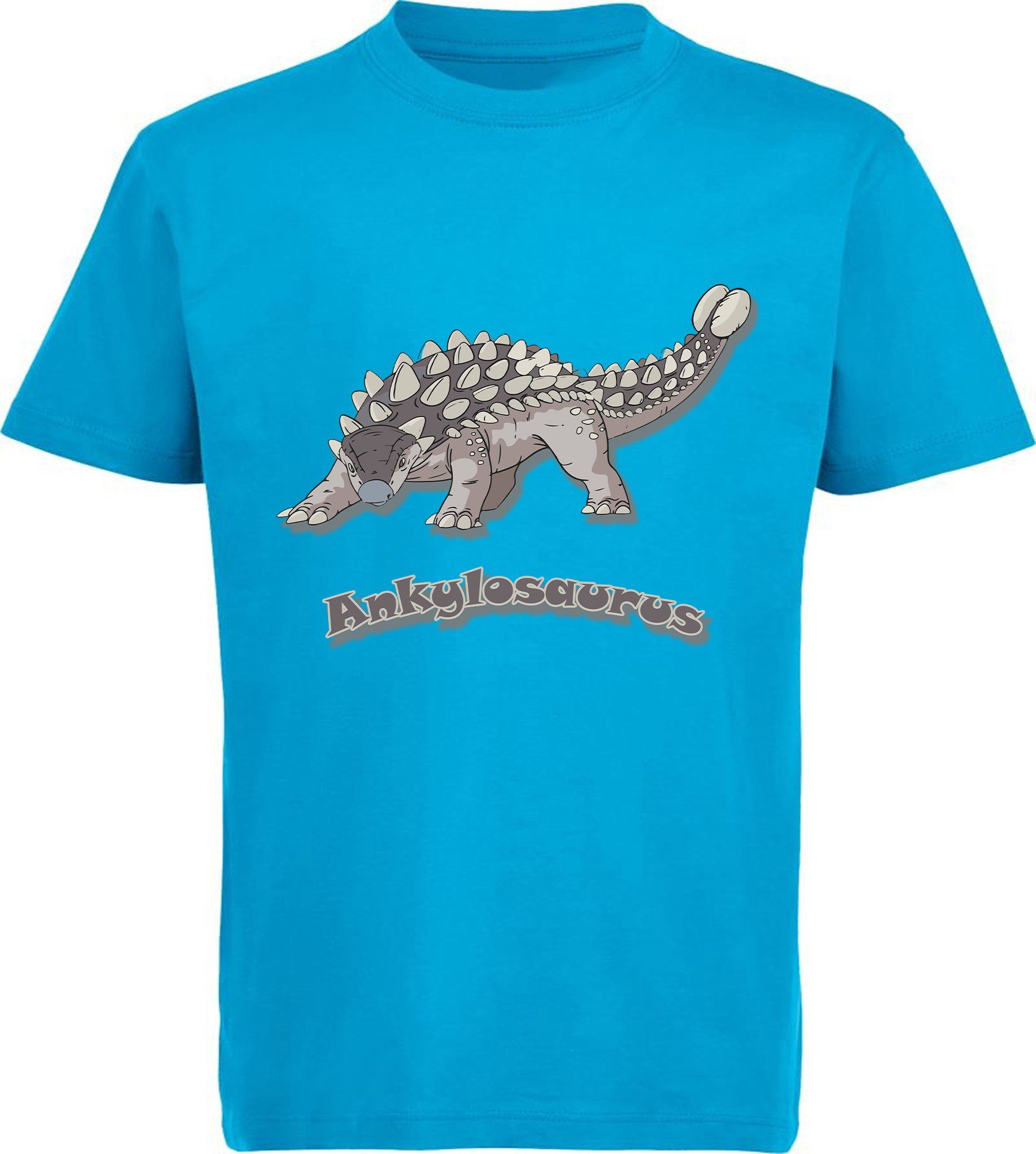 weiß, rot, Ankylosaurus blau, schwarz, Aufdruck, MyDesign24 aqua Baumwolle bedrucktes 100% mit Print-Shirt blau Kinder T-Shirt Dino mit i63
