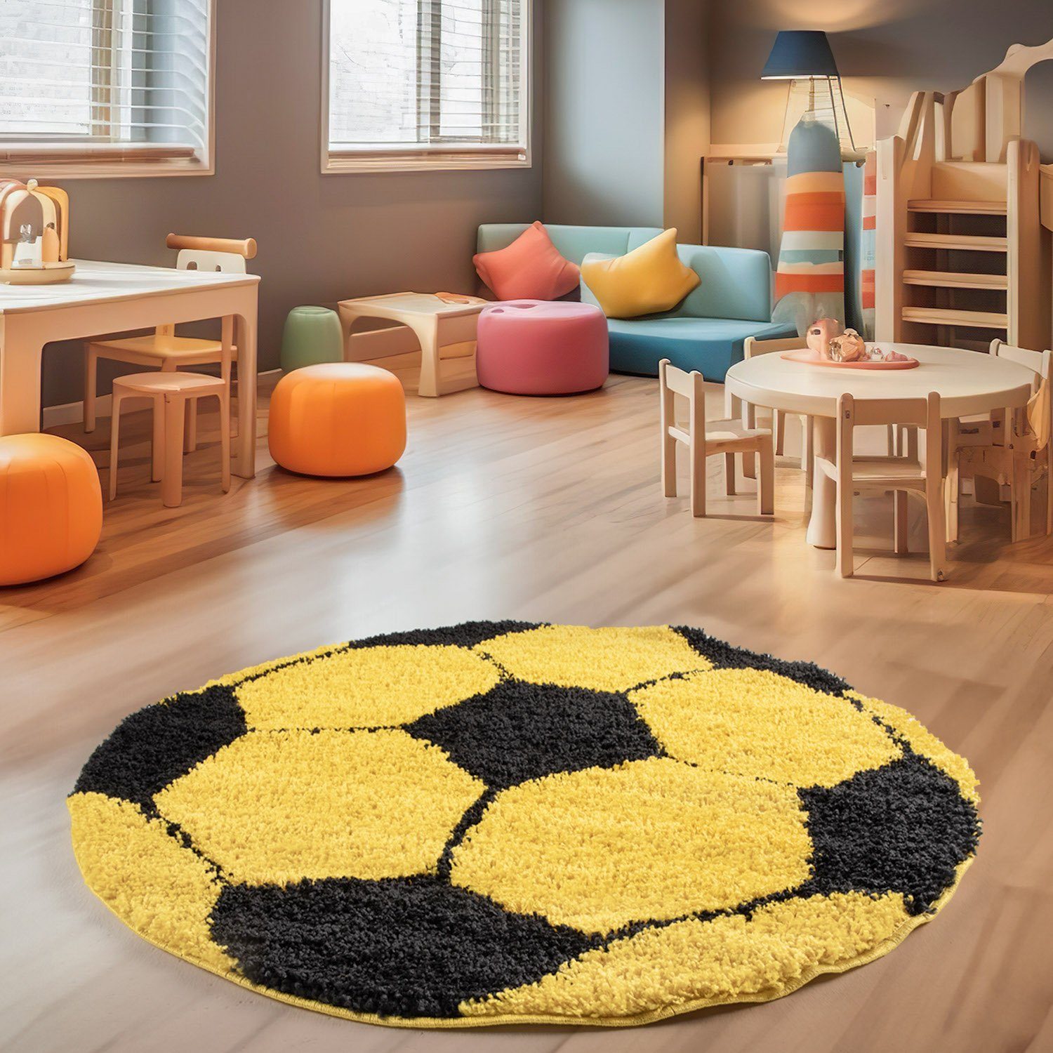 SIMPEX24 Teppich Fußball Design, Rund, Höhe: 30 mm, Kinder Teppich Fußball Form Kinderzimmer Versch. Farben und Größen