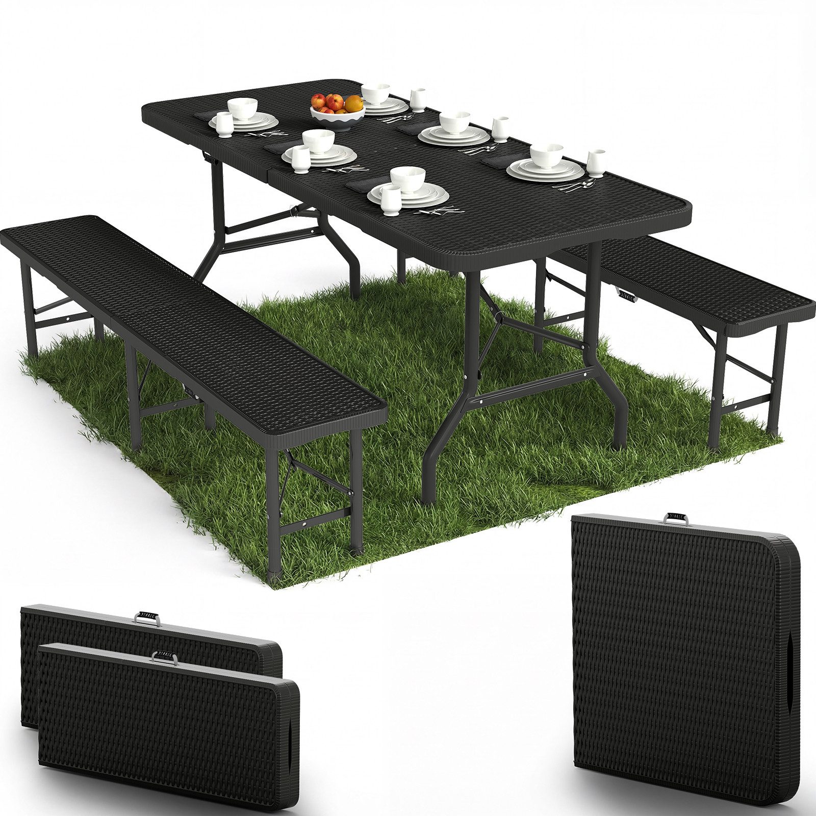 GUNJI Bierzeltgarnitur klappbar Festzeltgarnitur 3-teiliges Set mit Biertisch & 2x Bierbank, Klappbares Gartenmöbel Set Rattan-Optik, 150kg Tragfähigkeit