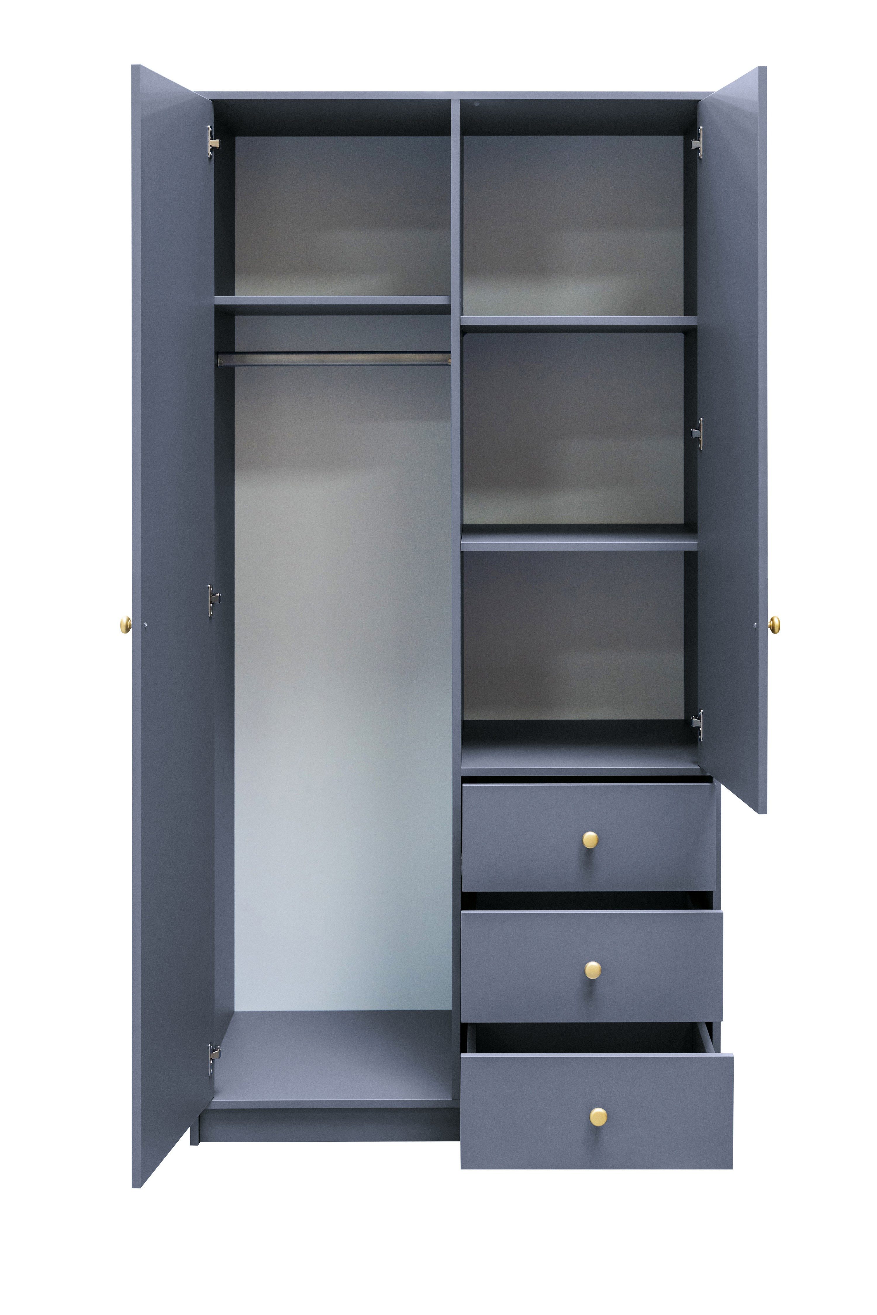 Masseno Drehtürenschrank GALIO 100 cm Kleiderschrank mit Spiegel 2 Türen und 3 Schubladen Blau