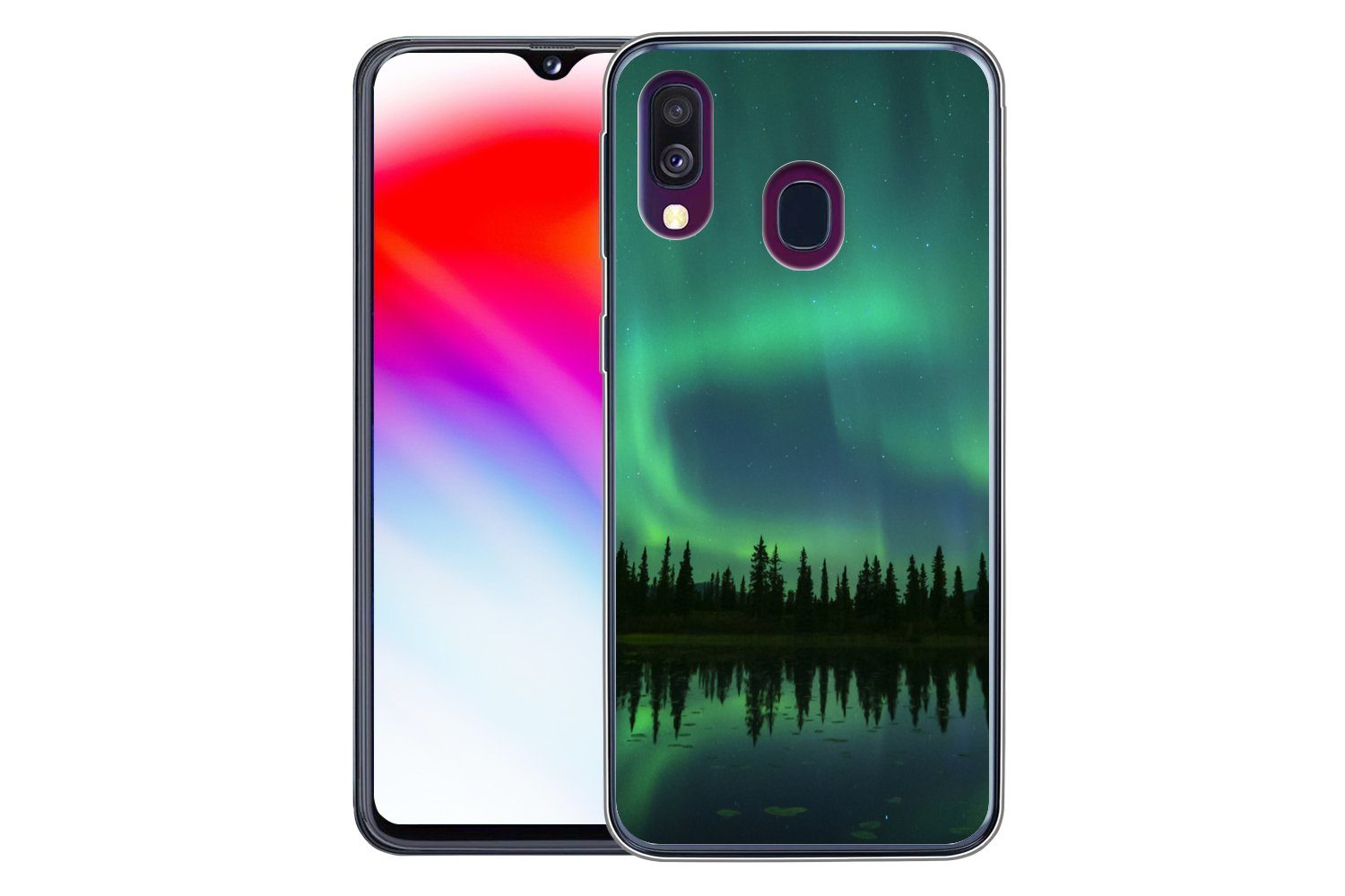 MuchoWow Handyhülle für Samsung Galaxy A40 Nordlicht - Bäume - Wasser - Alaska, Smartphone-Bumper, Print, Handy Schutzhülle Dünn