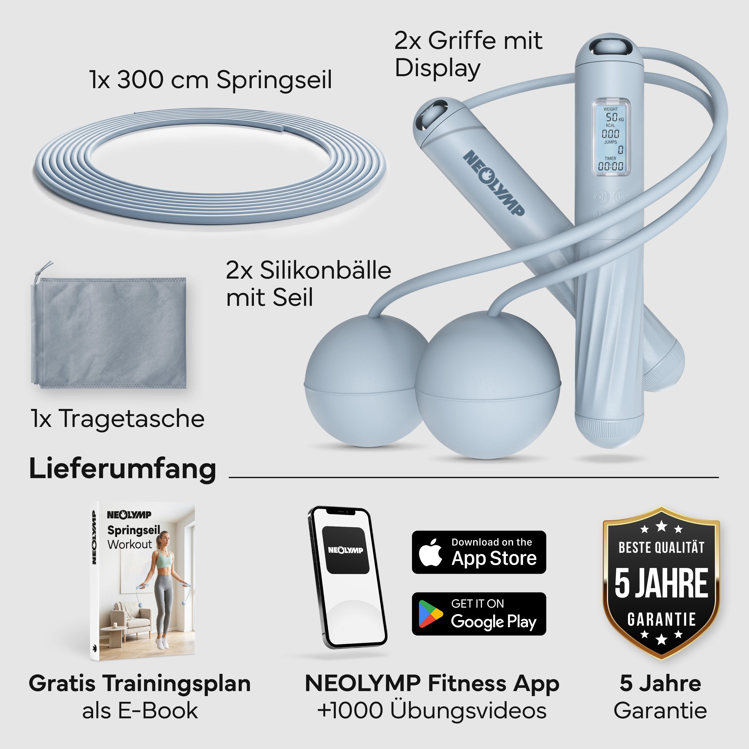 NEOLYMP Springseil 2in1 Springseil mit Zähler, Stahlseil & Cordless Modus, Digitaler Sprungzähler, LCD-Display, 2in1 Cordless-Modus
