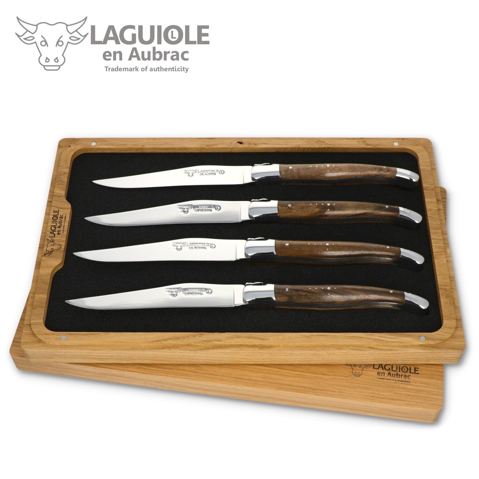 Laguiole en Aubrac Steakmesser 42C99NOIH BRI 4er Set - Griff Nussbaum - Backen glänzend - Klinge glänzend - Holzbox