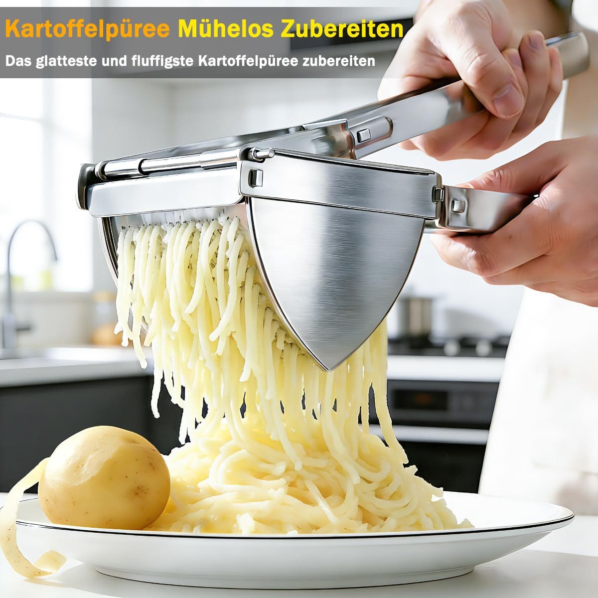 AKKEE Kartoffelpresse Edelstahl, Schaumkelle Set Potato Press, Griff Kartoffelstampfer für Kartoffel Obstsäfte Gemüsebrei Püree