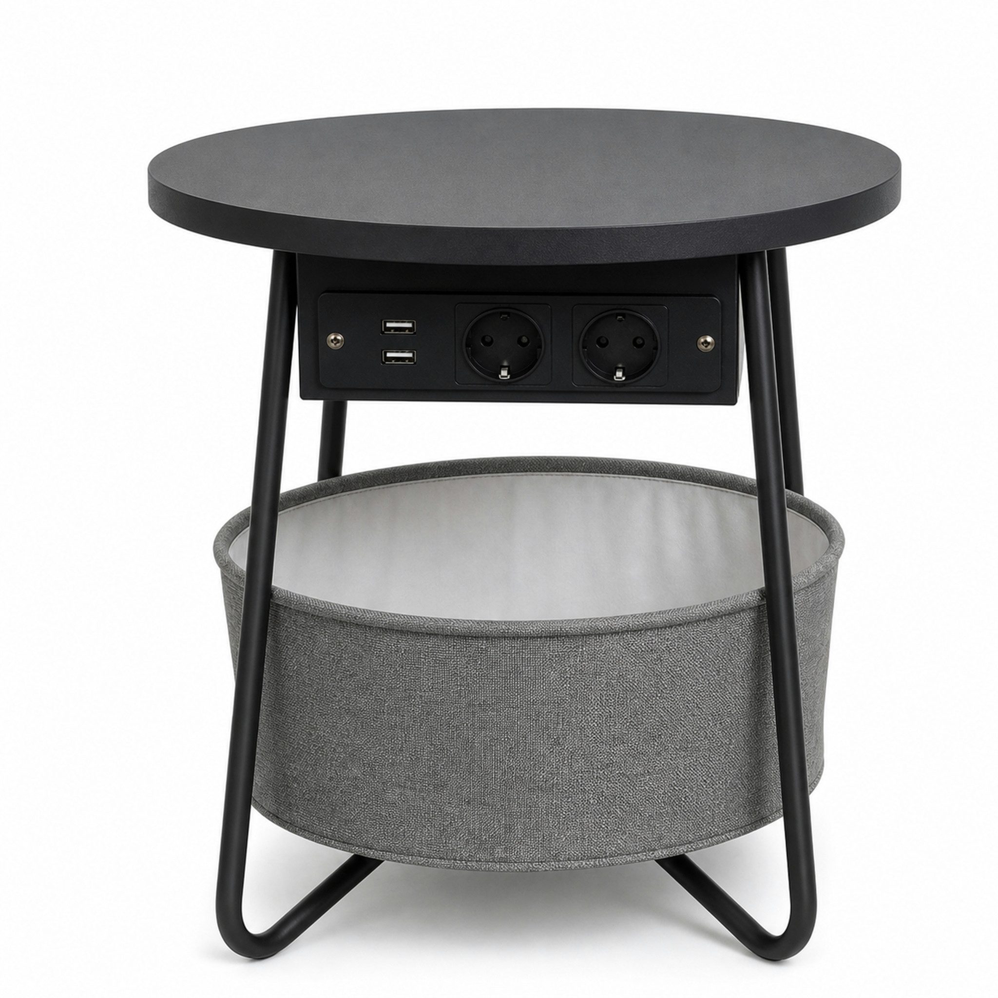 Kubus Couchtisch Nario mit 2 Steckdosen 2 USB A Anschlüssen Stauraumkorb 4 Farben (Einzelartikel), Integrierte Stromanschlüsse und USB-Ports