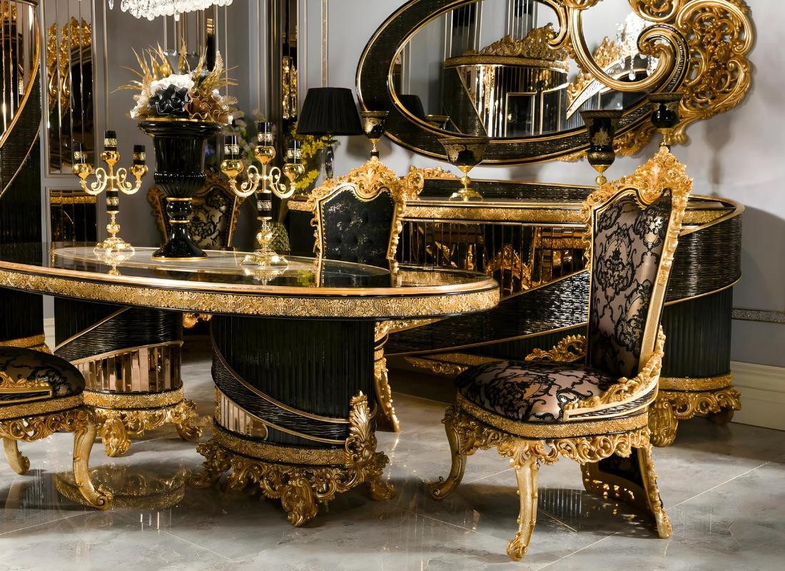 JVmoebel Esszimmer-Set Schwarzes Esstisch- und Stuhlset aus Holz und Glas, (7-St., Esstisch, 6х Stühle), Made in Europe