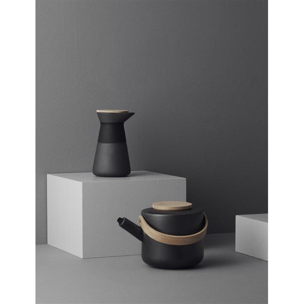 Stelton Kaffeebereiter, 0,6l Kaffeekanne, aus Steingut, Schwarz, mit Bambus-Deckel, Kaffeefilterkanne