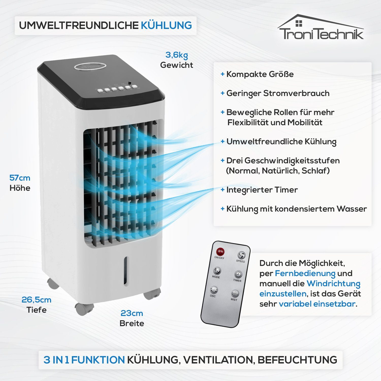TroniTechnik Standventilator LK03 mit verschiedene inklusive Wassertank,3-in-1 Cooler,Leiser Intensitätsstufen,Kühlakkus Ventilator,Luftbefeuchter, Timer,Oszillation,3 Air