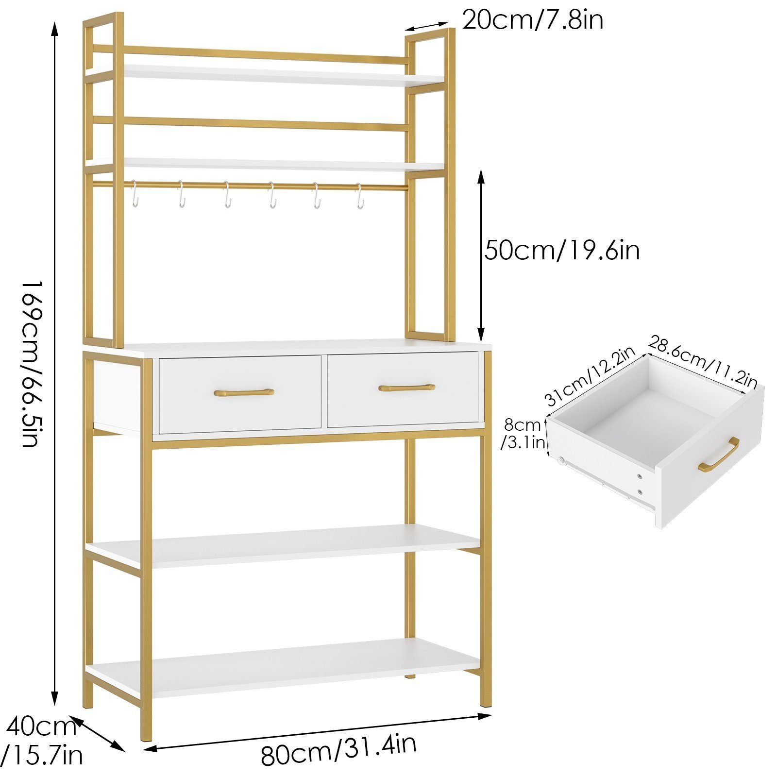 HOMECHO Küchenregal, Standregal mit 5 Ablagen und 2 Schubladen Bäckerrega günstig online kaufen