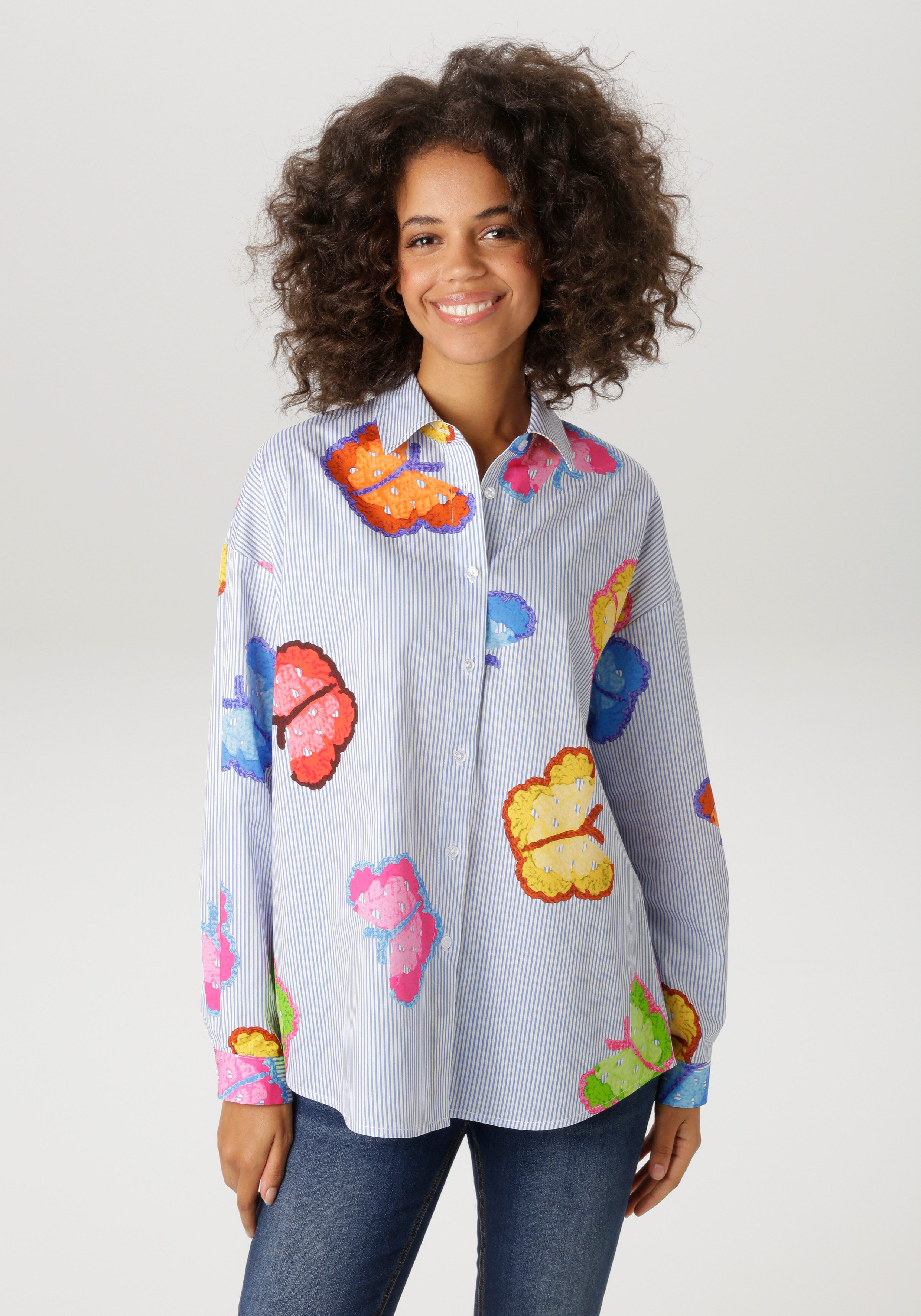 Aniston CASUAL Hemdbluse, gestreift und mit bunten Schmetterlingen bedruckt - NEUE KOLLEKTION