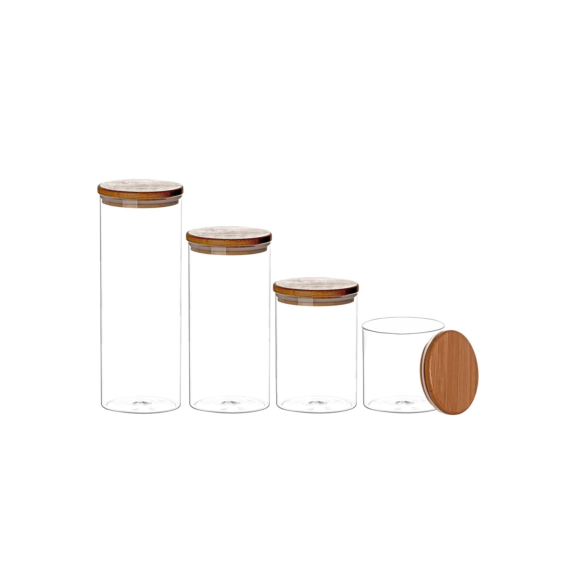 BigDean Vorratsdose Bambus-Deckel SET mit allen Größen Vorratsgläser Aufbewahrungsgläse, Glas. Bambus. Silikon, (4-tlg)