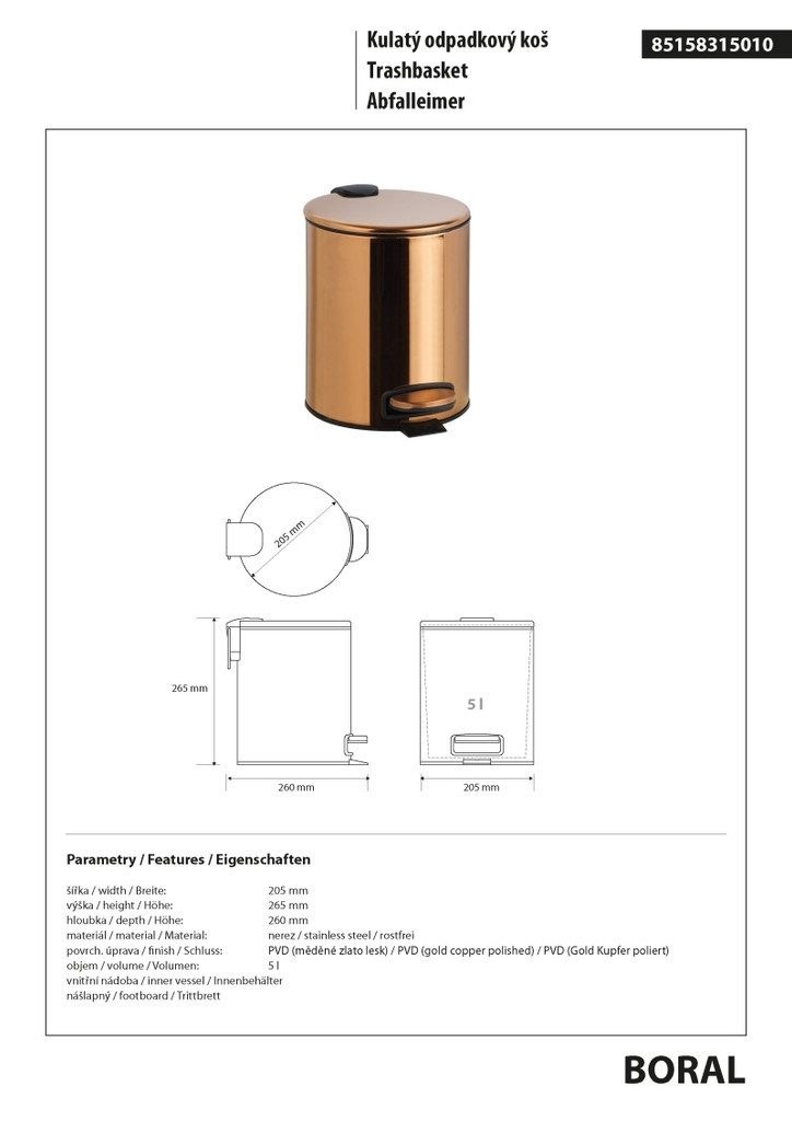 BRILLANTBAD® Mülleimer BORAL Abfalleimer Gold Kupfer poliert für Bad & Küche >> Freistehend