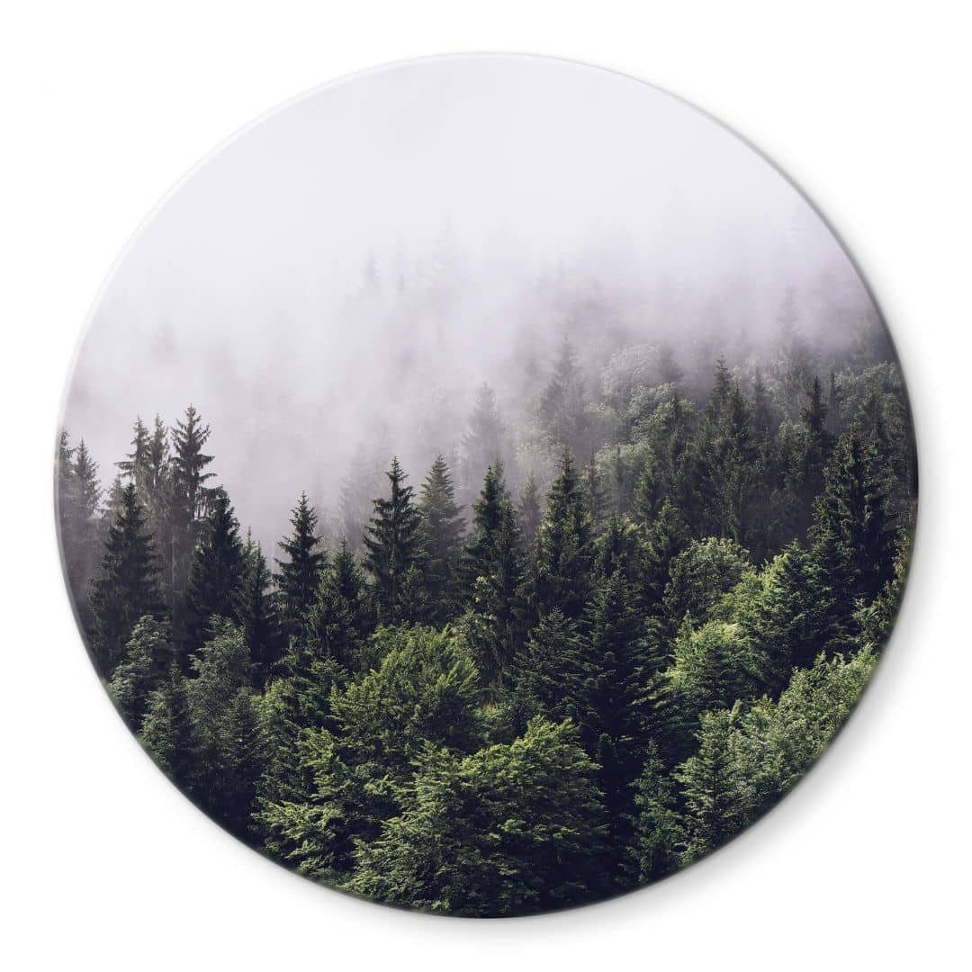 K&L Wall Art Glasbild Glas Wandbild Rund Glasbild Nebel im Wald Landschaft Fotografie, Wandschutz Deko Bilder
