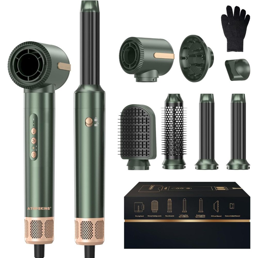 Atopskins Haartrockner 7 In 1 Airstyler Pro Warmluftbürste Set 11,0000 Rpm mit Diffusor, 1400 W, Ergonomisches 7-in-1 Styling Kit mit Handschuh & 360° Kabel, Glätteisen, Lockenstab Airflow-Wrap Geschenkset für Frauen Styling