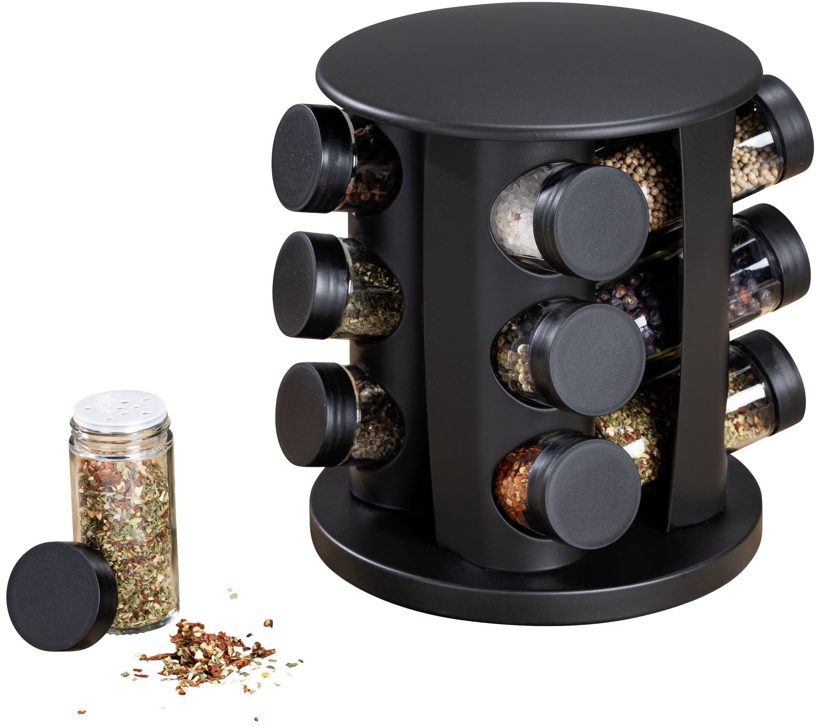 WENKO Gewürzkarussell Modell Bruna, (Set, 13-tlg), 360° drehbares Gewürzregal mit 12 Gewürzgläsern und Stickern