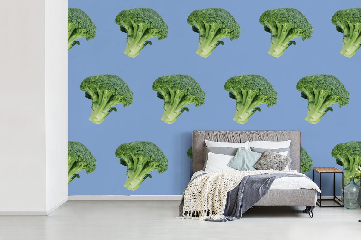St), Fototapete Blau Matt, Wohnzimmer, (6 - Gemüse Muster MuchoWow Wallpaper Lila, für Schlafzimmer, - Kinderzimmer, - Tapete bedruckt, Vinyl