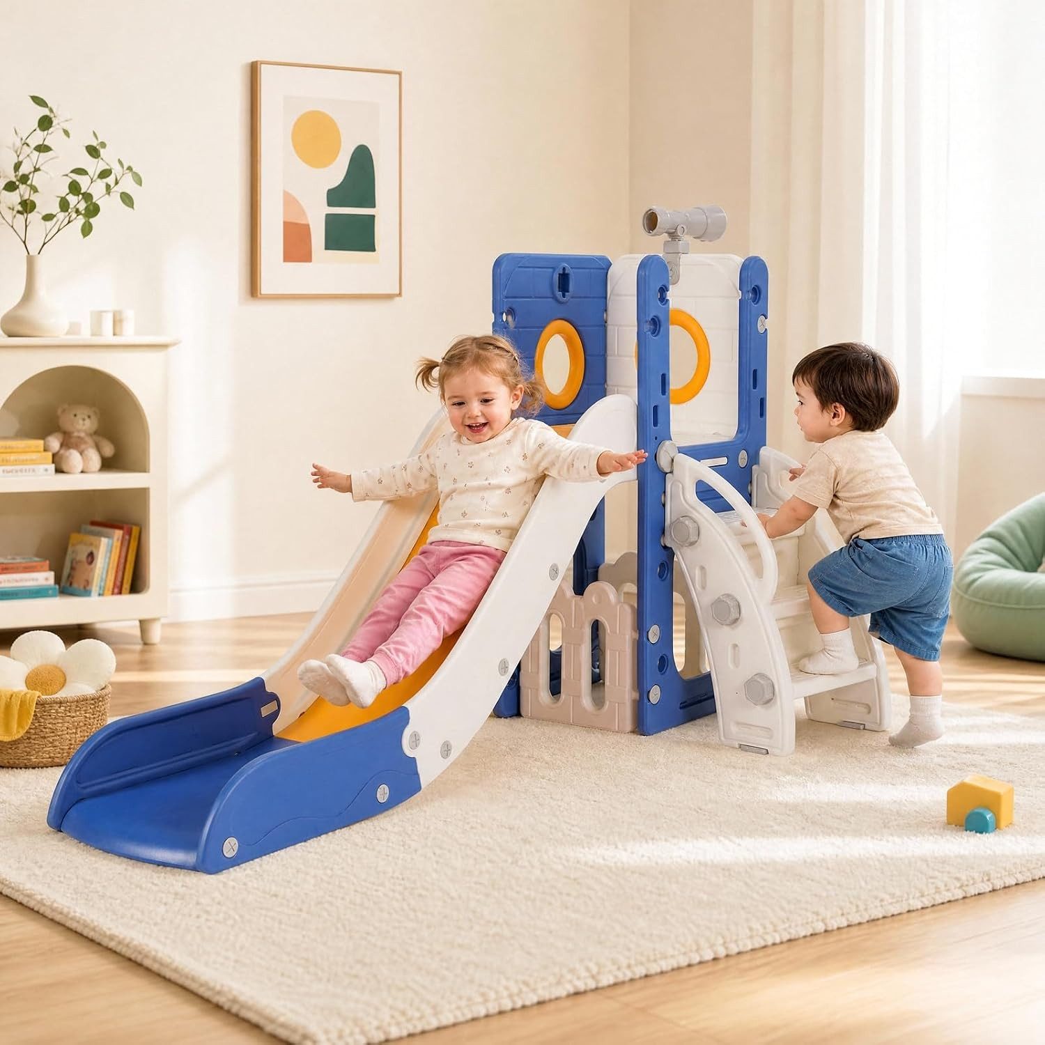 TLGREEN Rutsche, Kinderrutsche mit Stauraum & Spielteleskope, (Indoor & Outdoor Rutsche ab 1 Jahre), Gartenrutsche, Kinder Spielplatz