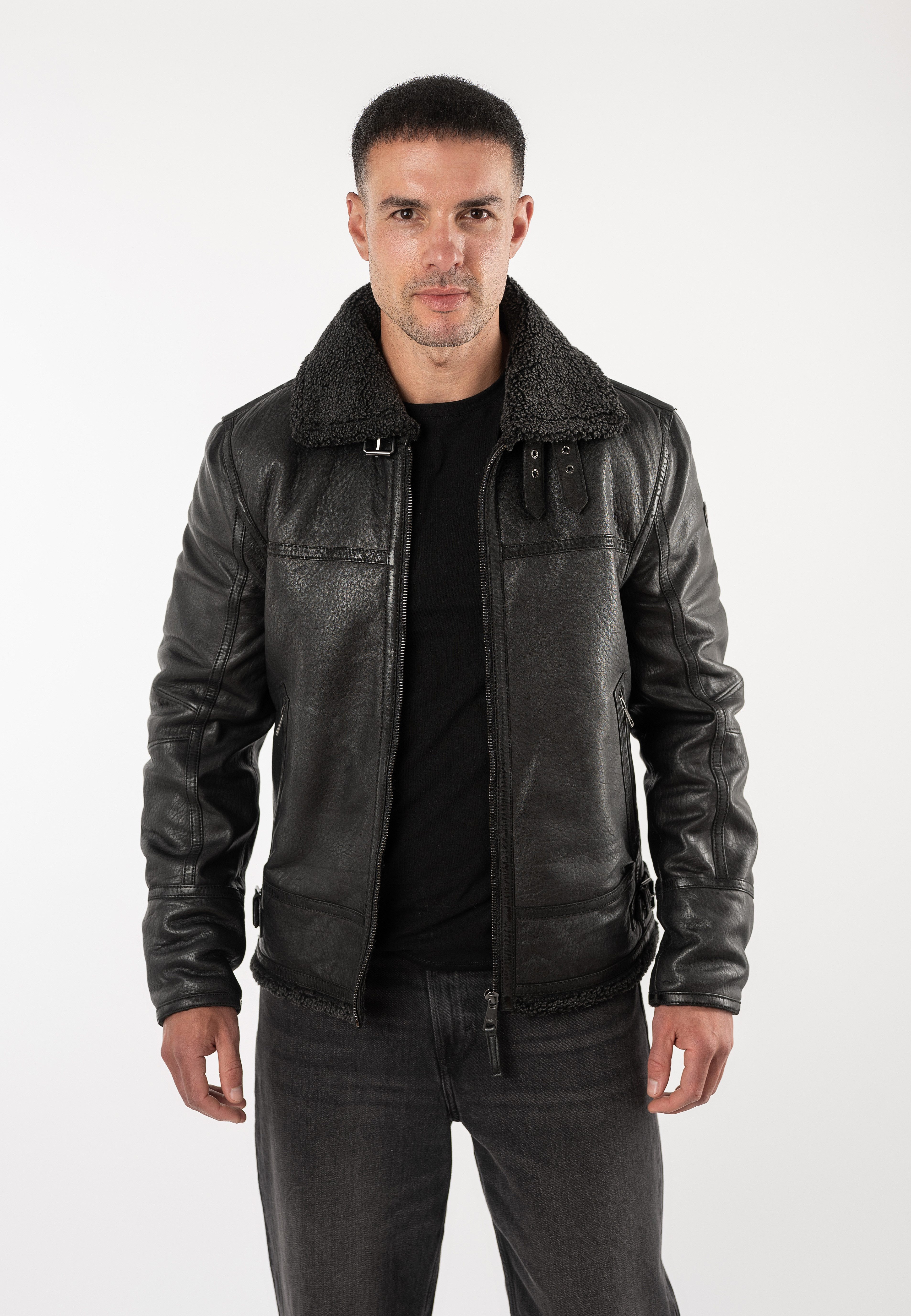 Mauritius Lederjacke MMPolarforce (mauritiusHerren26) im Sherpa-Look mit Besatz am Kragen