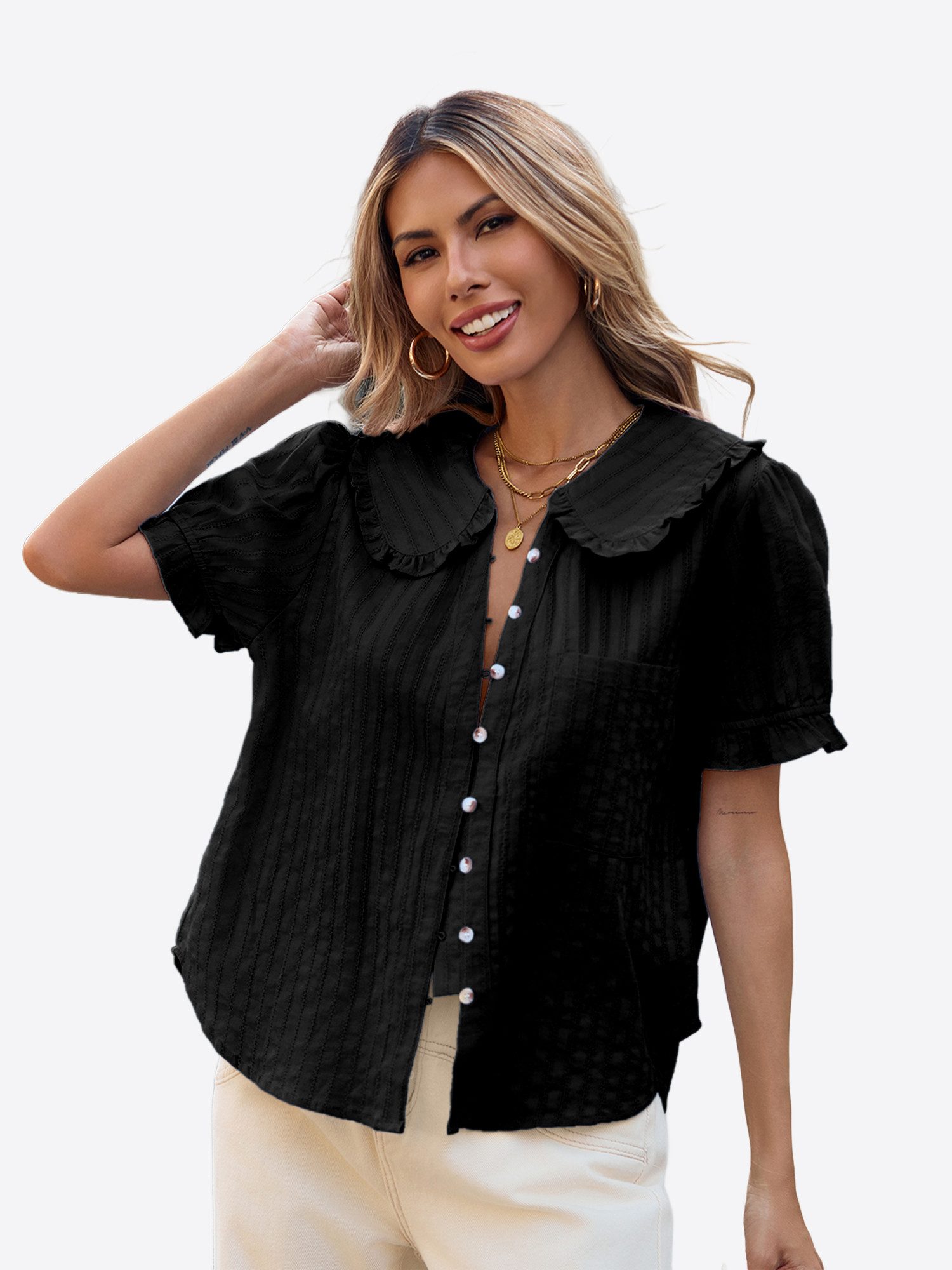 Imily Bela Blusentop Damen Bluse mit Puffärmeln und Peter-Pan-Kragen (Packung, 1-tlg., 1per-Pack) gestreiftes