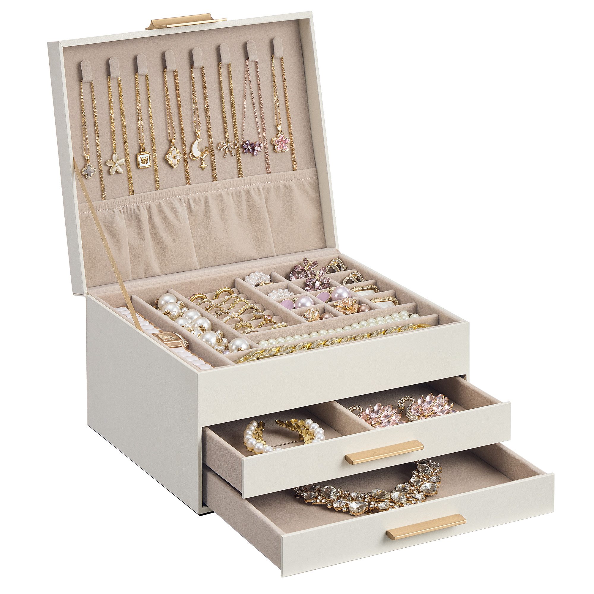 SONGMICS Schmuckkasten Schmuckkästchen, Schmuckbox mit Glasdeckel, wolkenweiß-golden, 3 Ebenen, 2 Schubladen, Schmuckaufbewahrung, 20,3 x 23,1 x 13,5 cm