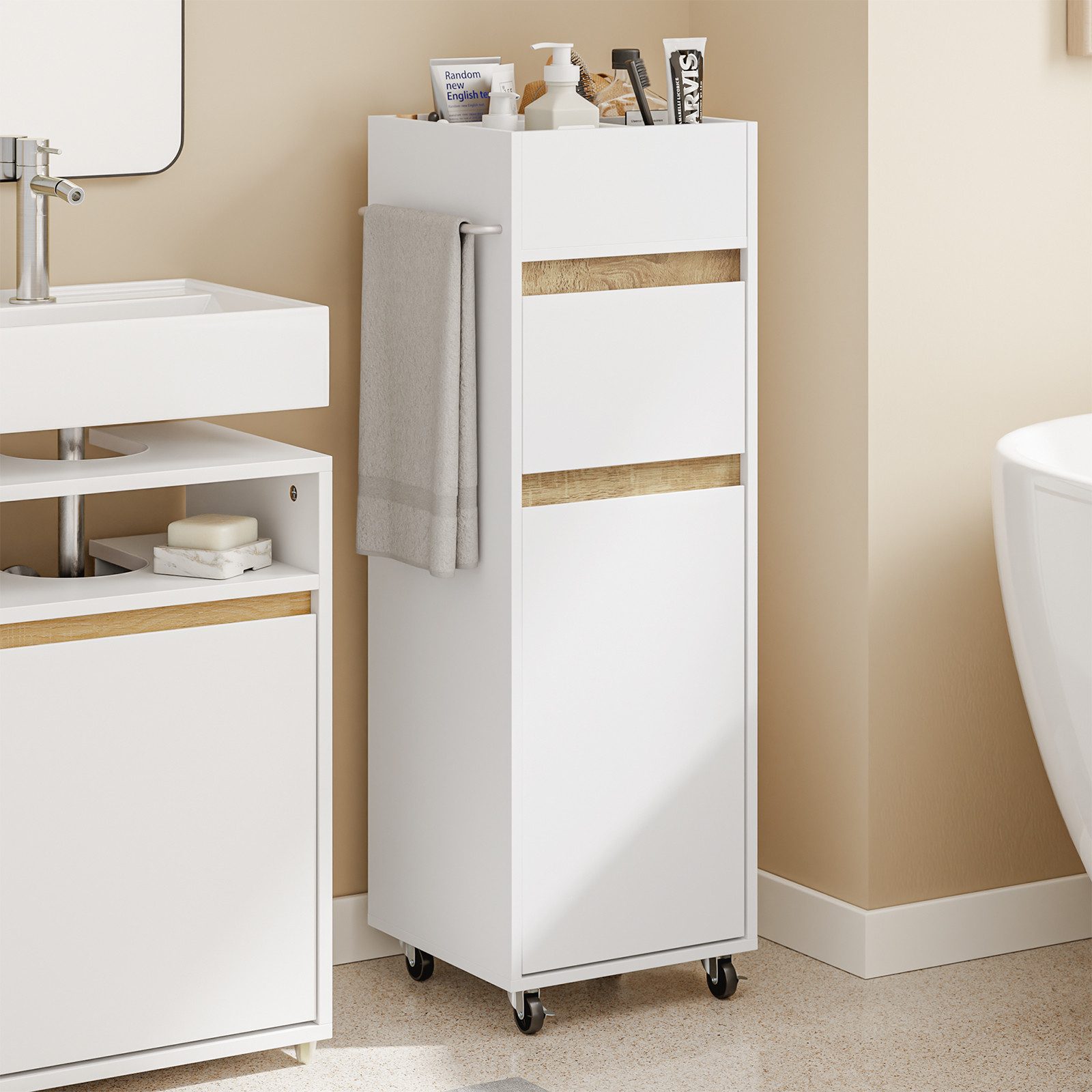 SoBuy Badregal BZR225, Badezimmerschrank schmal, Nischenregal mit Schublade, Rollbarer Unterschrank mit Tuchhalter und Einlegeböden für Badezimmer