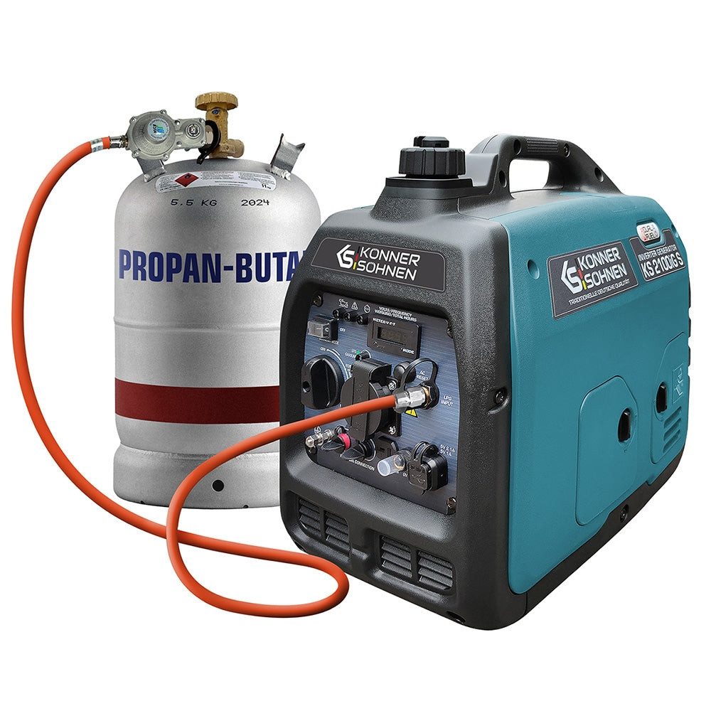Könner & Söhnen Stromerzeuger KS 2100iG S, 2,00 in kW, (Superleiser Hybrid-Inverter (LPG/Benzin) mit USB, 1-tlg., 2.0 kW, 62 dB(A), ECO-Modus, Parallelschaltung möglich), Reine Sinuswelle, 2x USB, 19 kg, DUAL FUEL, Niedriger Pegel