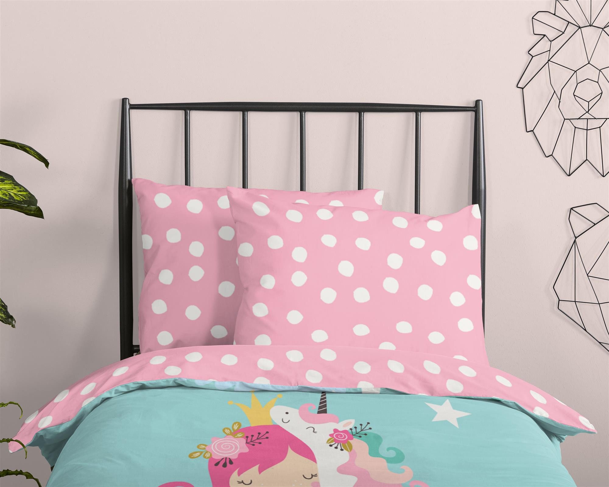 soma Bettwäsche Einhorn Regenbogen Prinzessin hellblau rosa, Renforcé, 2 teilig, 135x200 Reißverschluss Wende Kind Mädchen, Einhorn, Rosa unicorn blau